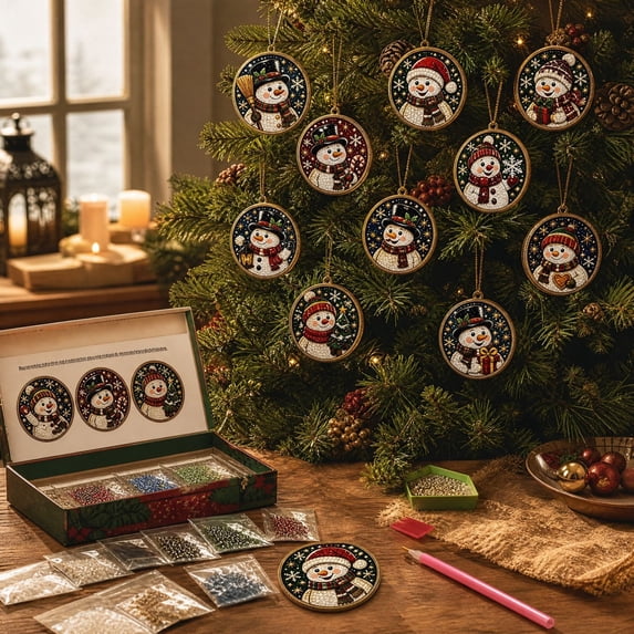 12 Pack Snowman Diamond Painting Christmas Ornaments, Wooden DIY Rhinestone Hanging Pendant Kit, Snowman‑Themed Hand‑Made Craft for Xmas Tree Decoration Holiday Gift
