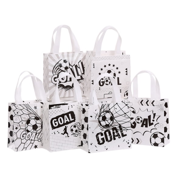 12 Pack Soccer Gift Bags with Handles, 6 Designs Black White Goal Soccer Ball Non-woven Party Favor Goodie Bags for Kids Football Birthday, Sports Theme Party, Team Celebrations