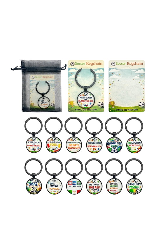 12 Pack Soccer Keychains Bulk with Display Cards & Organza Bags, Soccer Party Favors, Team Gifts, Coach Thank You Gifts, Sports Birthday Goodie Bag Fillers