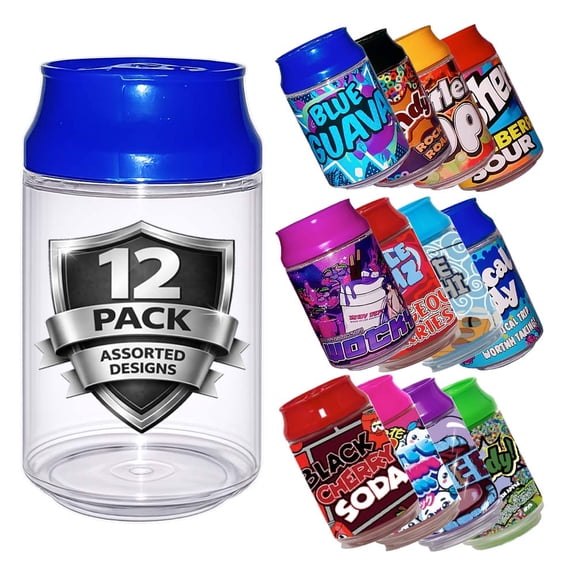 12 Pack Soda Can-Style Containers with Lids Assorted Wrap Designs