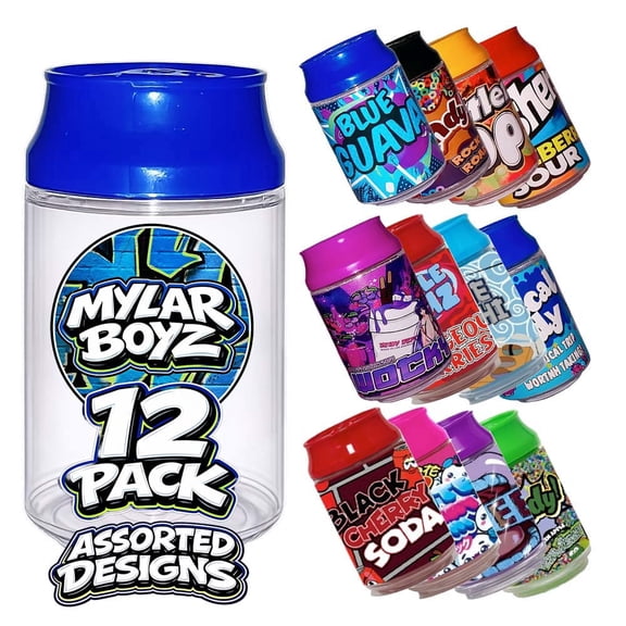 12 Pack Soda Can-Style Retail Packaging Containers with Lids Assorted Wrap Designs
