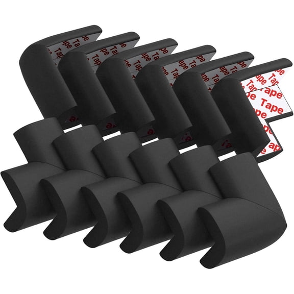 12 Pack Soft Corner Protector Baby Proofing Edge and Corner Guards, Safety Pre-Taped Rubber Foam Furniture Bumper for Fireplace, Table, Stair, Cabinet (Black)