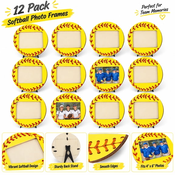 12 Pack Softball Wooden Picture Frames, 8 Inch Round Sports Photo Frames, Desktop Display Frame for 4x6 Inch Photos, Softball Stitch Pattern Tabletop Decor, Gift for Athletes, Coaches and Sports Team