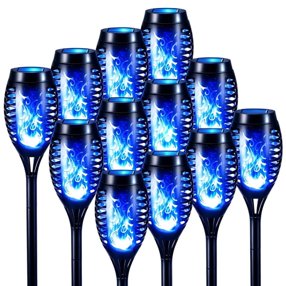12 Pack Solar Flame Light Outdoor, Waterproof Solar Tiki Torch Light with Flickering Flame for Halloween Decorations, Blue LED
