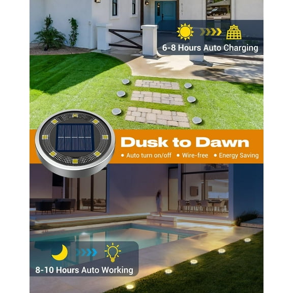 12 Pack Solar Lights Outdoor, 8 LED Solar Ground Lights IP65 Waterproof Flat Solar Disc Light, Pathway Lights for Garden Lawn  Yard Path Landscape, Warm White