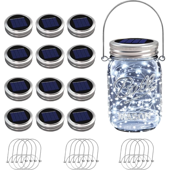 12 Pack Solar Mason Jar Lights, 30 LED Mason Jar Lids Waterproof Firefly Fairy String Lights with 12 Hangers(No Jars), for Outdoor Patio Garden Yard Lawn Party Wedding Decoration - Cool White