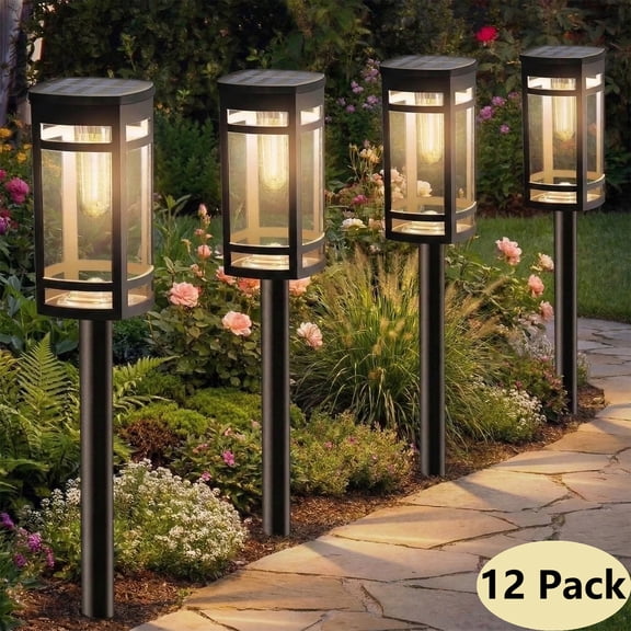 [12 Pack] Solar Outdoor Lights Waterproof for Outside Walkway Pathway Driveway Garden Yard Landscape Lighting Warm White.