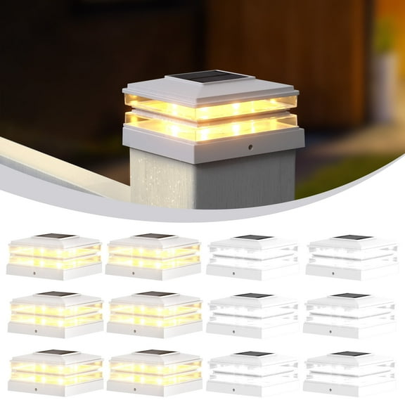[12 Pack] Solar Post Cap Lights Outdoor, 2 Color Modes (Warm White/Cool White), Fits 4x4 & 5x5 Posts, Waterproof LED Deck Fence Lighting
