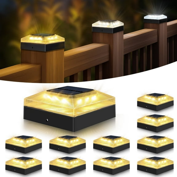 12 Pack Solar Post Top Light 4x4 Fence Post Light Tri-Color Mode Waterproof Black Solar Deck Light For Wood/Vinyl Post Tops Ideal for Gardens, Patios, Porches, and Decks