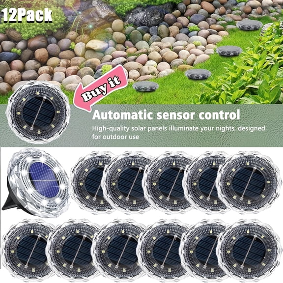 12-Pack Solar Powered LED Ground Lights, White Light, Waterproof Portable Outdoor Lights for Brick, Stone, Stairs, Railings, Garden, Yard, Courtyard & Landscape Lighting