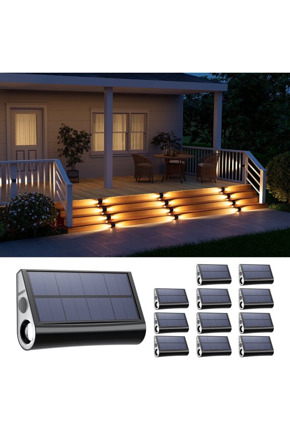 12 Pack Solar Powered Stair Lights Outdoor Waterproof Lamp for Deck Step Safety Outside Decorative LED for BackYard, Porch Step, Walkway, Garden, Pool, Easy Installation & Enhanced Ambiance