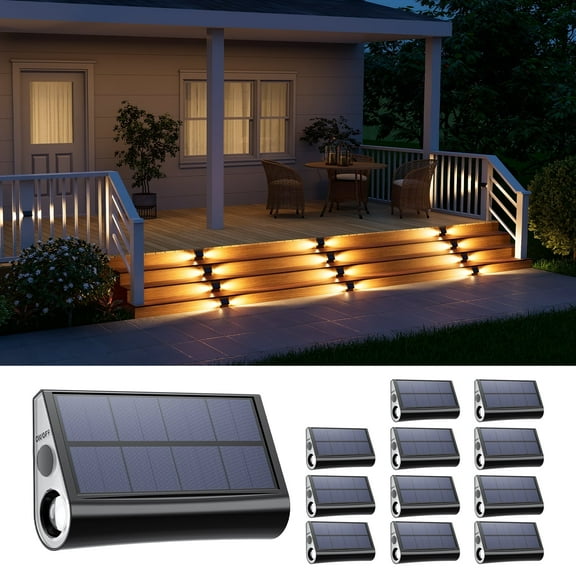 12 Pack Solar Powered Stair Lights Outdoor Waterproof Lamp for Deck Step Safety Outside Decorative LED for BackYard, Porch Step, Walkway, Garden, Pool, Easy Installation & Enhanced Ambiance