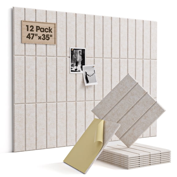 Large Cork Board, 12 Pack 12"X12"X0.4" Felt Bulletin Board Tiles with Self Adhesive for Wall Home Office Decor, Pin Cork Boards-Beige