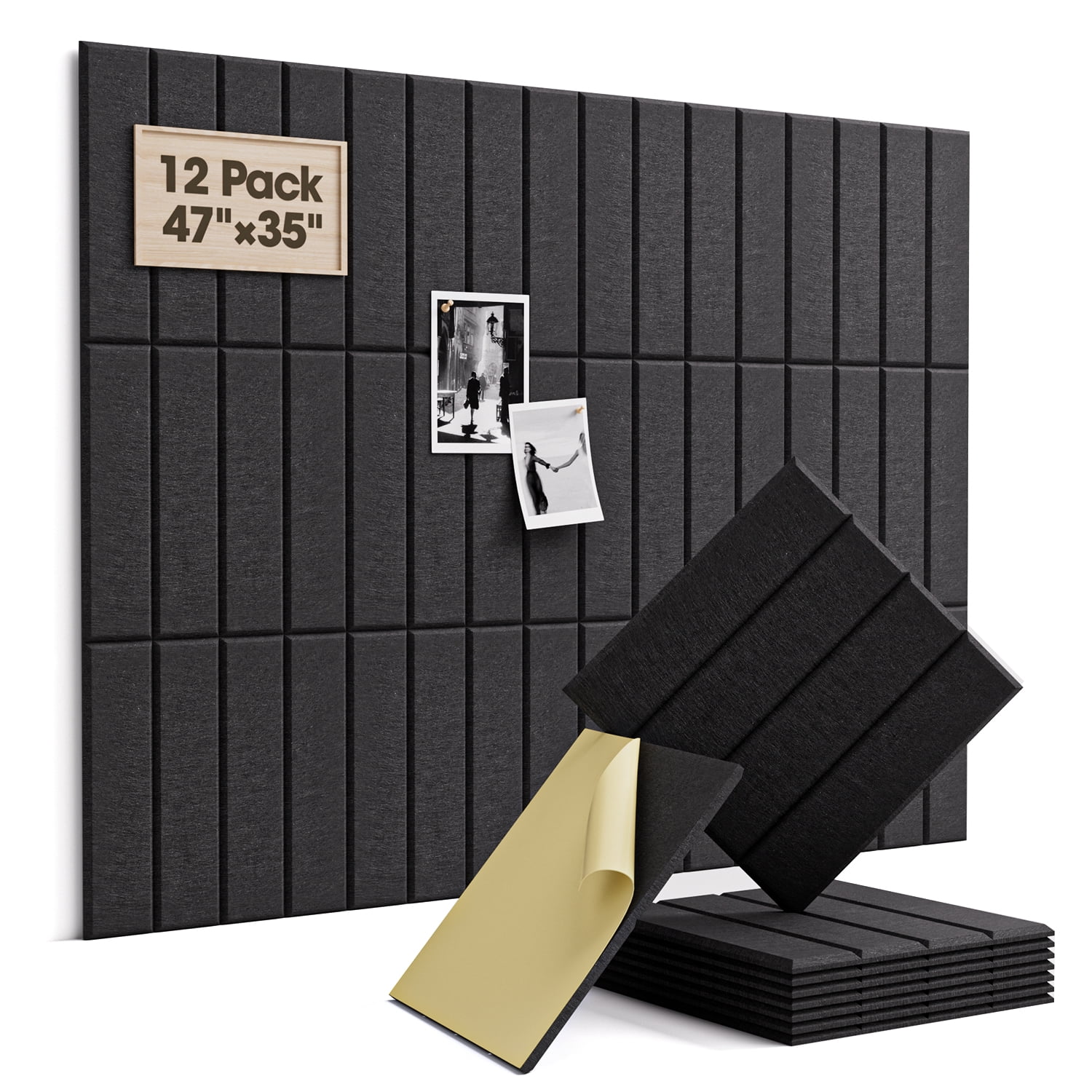 Large Cork Board, 12 Pack 12"X12"X0.4" Felt Bulletin Board Tiles with Self Adhesive for Wall Home Office Decor, Pin Cork Boards-Black