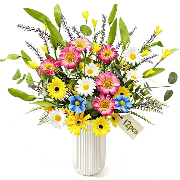 12 Pcs Artificial Daisy Flower Bouquet, Realistic Faux Silk Flowers with Greenery for Vase Arrangement Home Office Table Centerpiece Decor