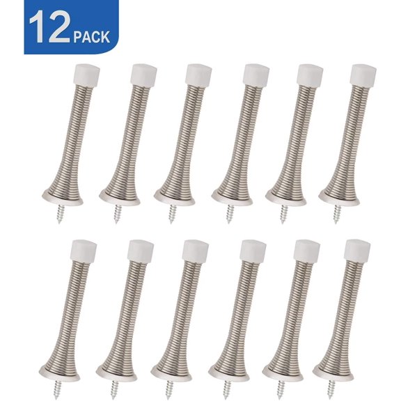 12 Pack Spring Door Stopper with Rubber Bumper 3-1/8" Flexible Heavy Duty Wall Door Stop Low Mounted Bumper for Home (Satin Nickel)