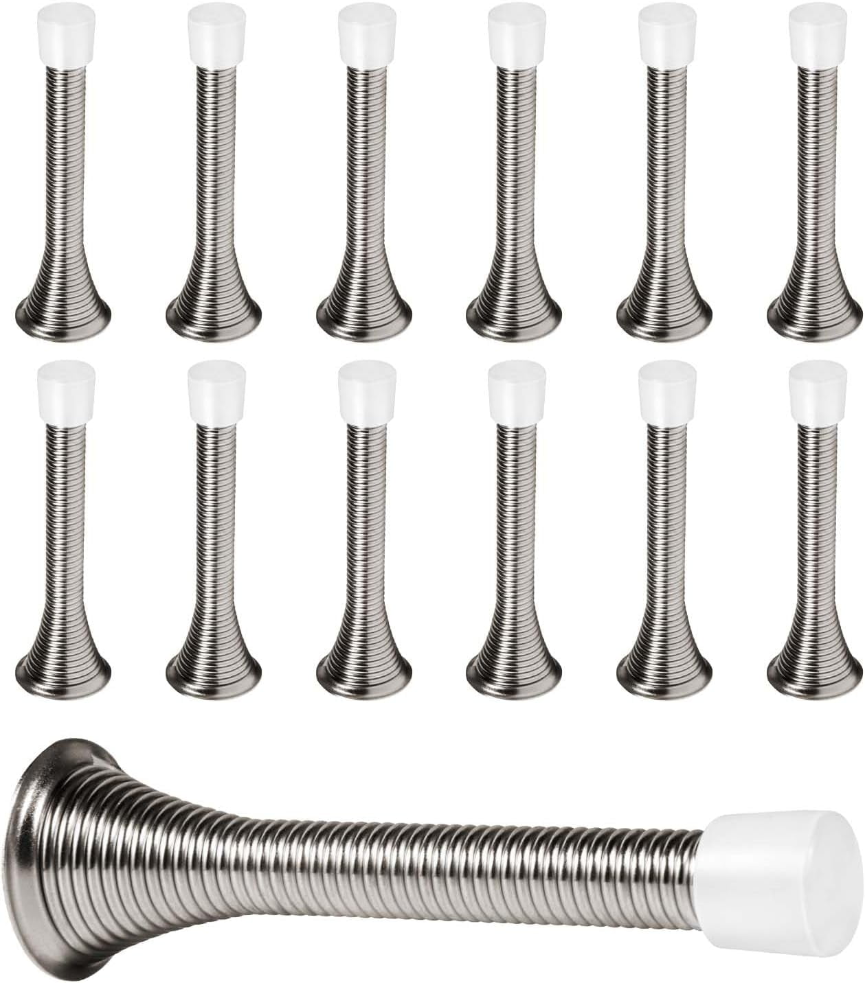 12 Pack Spring Door Stops 3 1/4 Inch Flexible Heavy Duty Spring Door Stopper with RustProof Screw Rubber Bumper Tips (Satin Nickel)