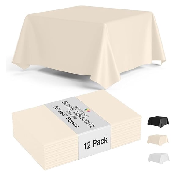 12-Pack Square Plastic Disposable Tablecloth – Size: 85 × 85 Inches – Square Table Cover for Parties, Picnics & Formal Events