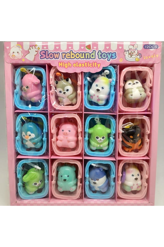 12 Pack Squishy Keychains Adopt A Pet with Basket, Slow Rising Mini Squishies, Cute Animals, Bulk, Fidget Toys, Classroom, Favors