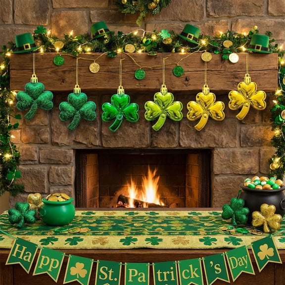 12-Pack St. Patrick's Day Shamrock Ornaments - Green Plastic Hanging Decorations for Party, Door, Wall, Tree, Festival, Indoor Use, with Gold String, 4 Styles, 2 Sizes