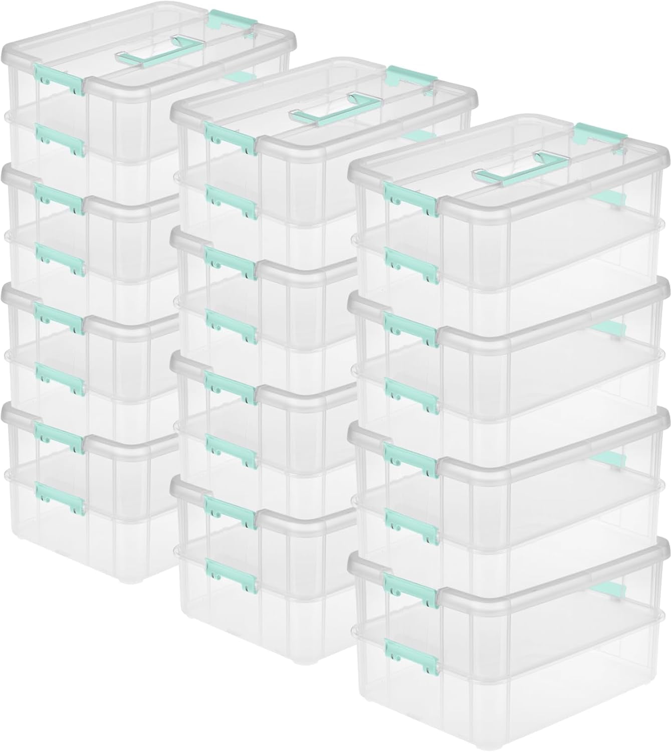 12-Pack Stack & Carry, 2 Layer Handle Box for Home & Office Storage - Clear Base & Lid with Color Latches, Organizer for Art & Craft Supplies, Sewing Tools or 8.5" x 11" Paper