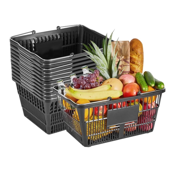 12-Pack Stackable Grocery Baskets,21L Durable Plastic Storage Bins with Handles for Supermarket,Retail&Home Organization,Black