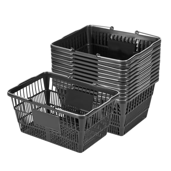 12-Pack Stackable Grocery Baskets,21L Durable Plastic Storage Bins with Handles for Supermarket,Retail&Home Organization,Black