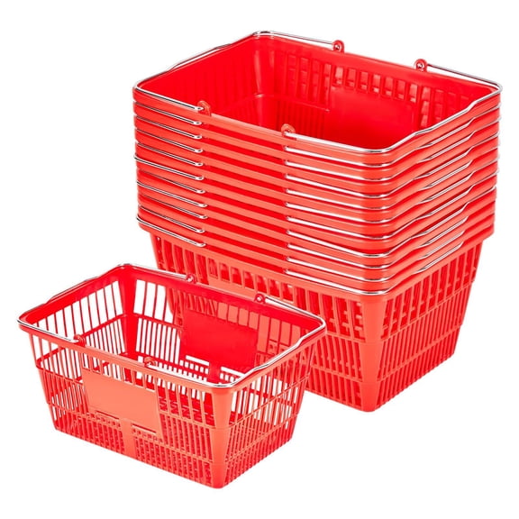 12-Pack Stackable Grocery Baskets,21L Plastic Storage Baskets with Metal Handles for Supermarket,Retail Store,and Home Organization,Red