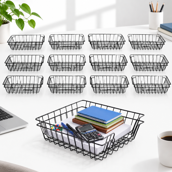 12 Pack Stackable Metal Wire Letter Trays, Rust-Resistant Document Baskets for Home Office School