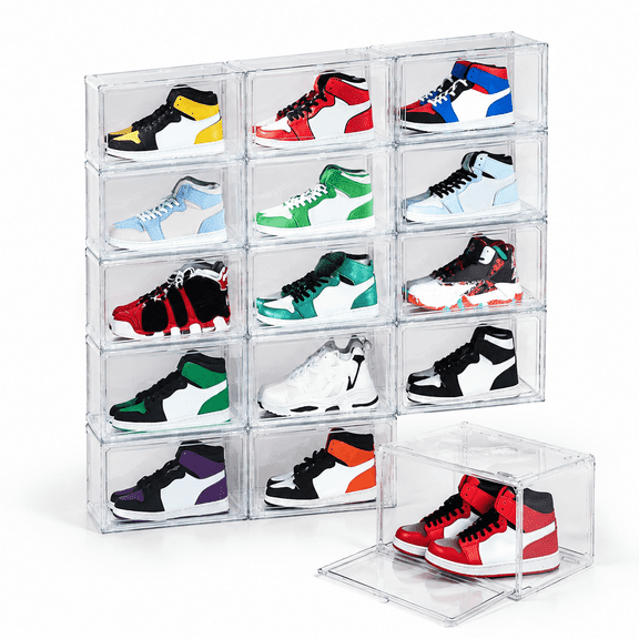 12 Pack Stackable Plastic Shoe Storage Boxes, Fits Up To Size 14, Clear Display Containers