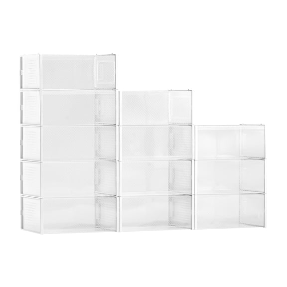 12 Pack Stackable Plastic Shoe Storage Boxes Organizers White Frame Modular Space Saving Sneaker Containers Fit up to US Size 11 for High Heels Boots and Hats