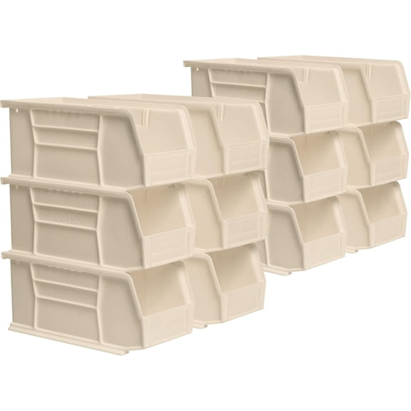 12 Pack Stackable Plastic Storage Bins, Stone Open Hopper Front Organizer Containers, Space-Saving Heavy Duty Totes for Garage Pantry Craft Classroom