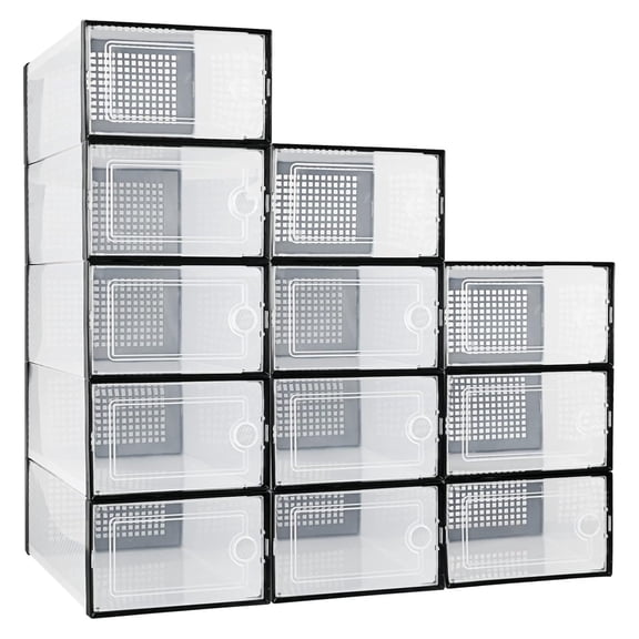 12 Pack Stackable Shoe Storage Boxes Clear Plastic Shoe Organizer for Closet Sneaker Boxes with Lids Under Bed Shoe Storage Containers For Entryway Closet Floor Black