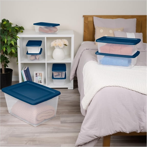 12 Pack Stackable Storage Bins with Lids Marine Blue Plastic Organizers for Home Closet Garage
