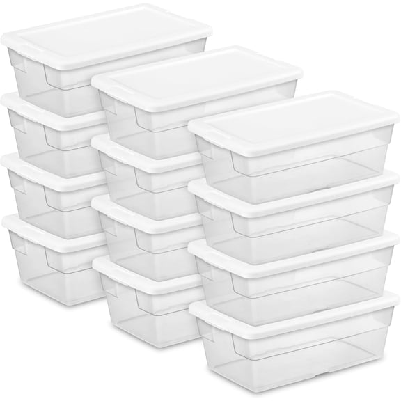 12 Pack Stackable Storage Boxes with Snap-on Lids; Strong Plastic Organizer Container for Cabinet, Bathroom and Office; Transparent, 6 Quarters