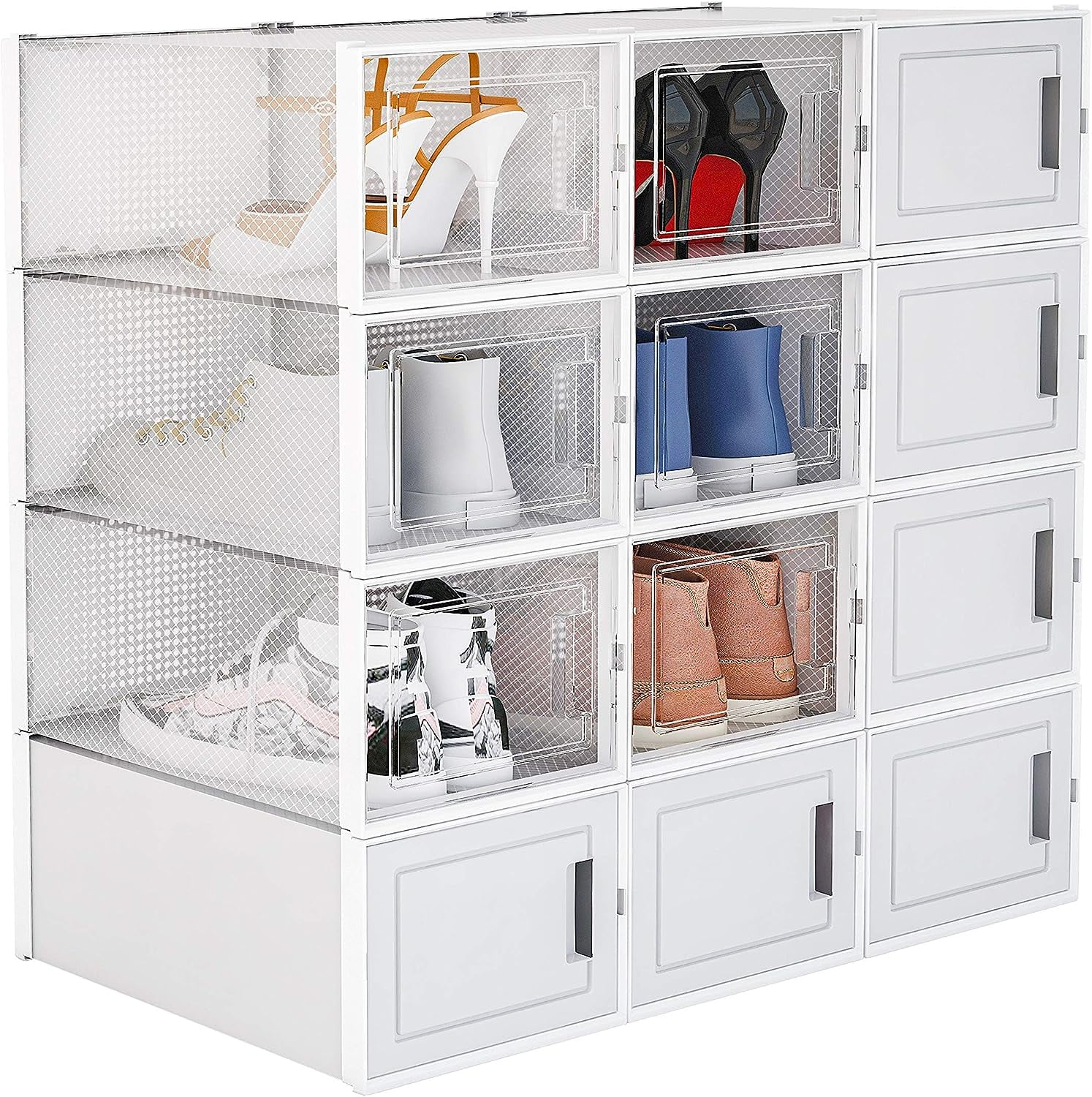 12 Pack Stackable Storage Shoe Box, Foldable 6 Clear and 6 White