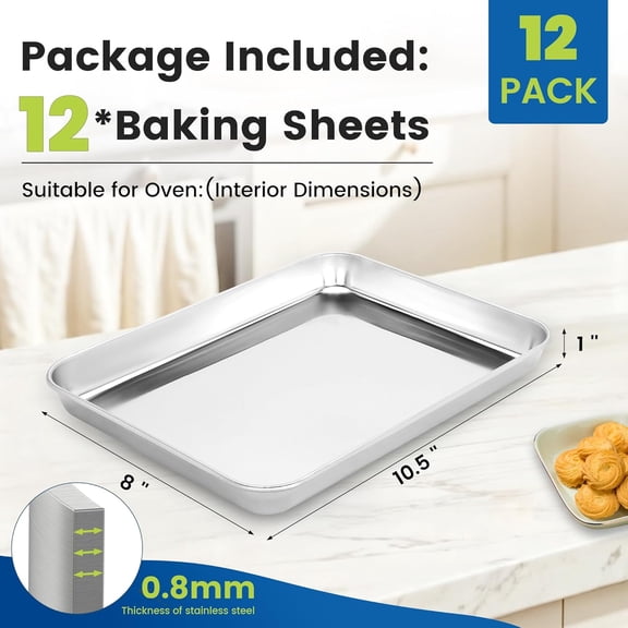 12 Pack Stainless Steel Baking Sheet Pans, 10.5" L × 8" W × 1" H Cookie Sheets for Toaster Oven, Rust-Resistant, Dishwasher Safe