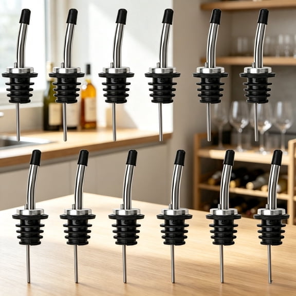 12Pack Stainless Steel Bottle Pour Spouts, Tapered Pour Nozzles with Rubber Dust Caps, Reusable Dispenser Tips for Wine, Liquor, Olive Oil, Home Bar & Kitchen Use.