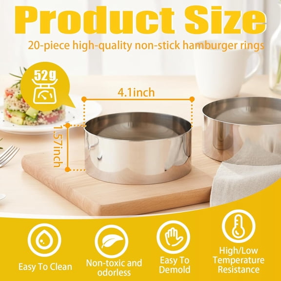 12 Pack Stainless Steel Hamburger Bun Rings - Non Stick Baking Molds for English Muffins, Pancakes & Eggs