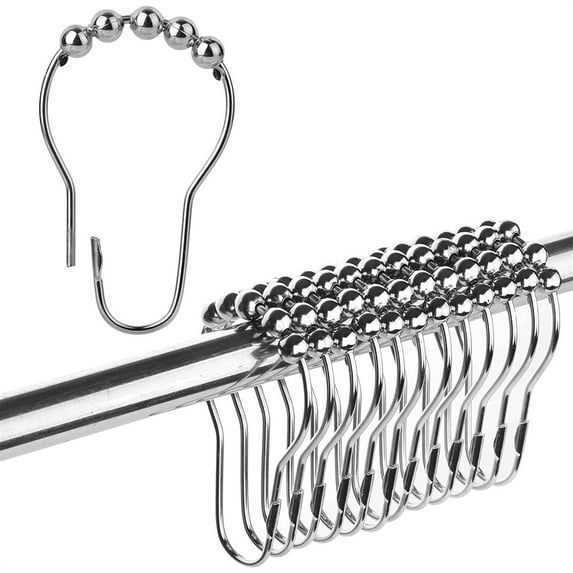 12 Pack Stainless Steel Shower Curtain Hooks Rings,Casewin Roller Balls Chrome Metal Rust-Resistant,for Bathroom Wardrobe and kitchen,Silver