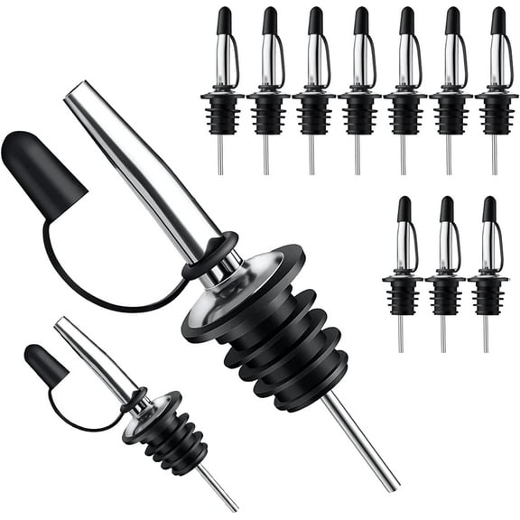 12 Pack Stainless Steel Speed Pourers Spouts with Tapered, Liquor Pourers with Rubber Cap, Hygienic, Dishwasher Safe, Fits most Classic Bottle's Lip up to 3/4" (12)