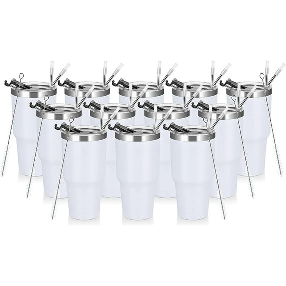 12 Pack Stainless Steel Tumblers, 30oz Insulated Tumblers, Double Wall Vacuum Tumbler Coffee Cup, Stainless Steel Travel Mug with Lid and Straw, Durable Powder Coated Insulated Coffee Cup, White