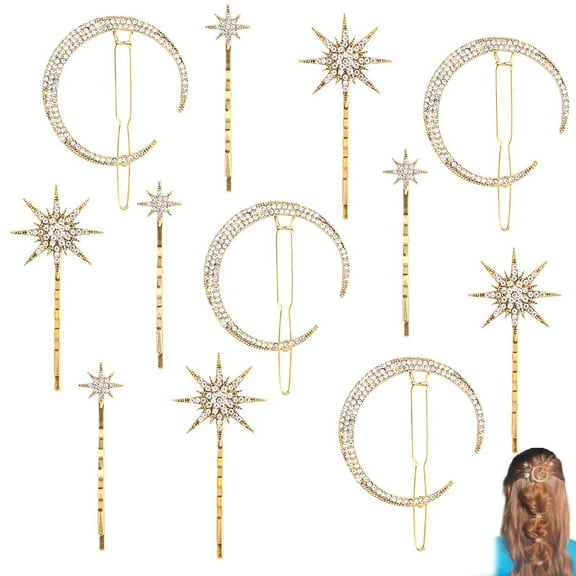 12 Pack Stars and Moon Hair Clips, Vintage Rhinestone Hair Pin, Metal Alloy Diamond-studded Hair Accessories for Women