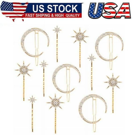 12 Pack Stars and Moon Hair Clips, Vintage Rhinestone Hair Pin, Metal Alloy