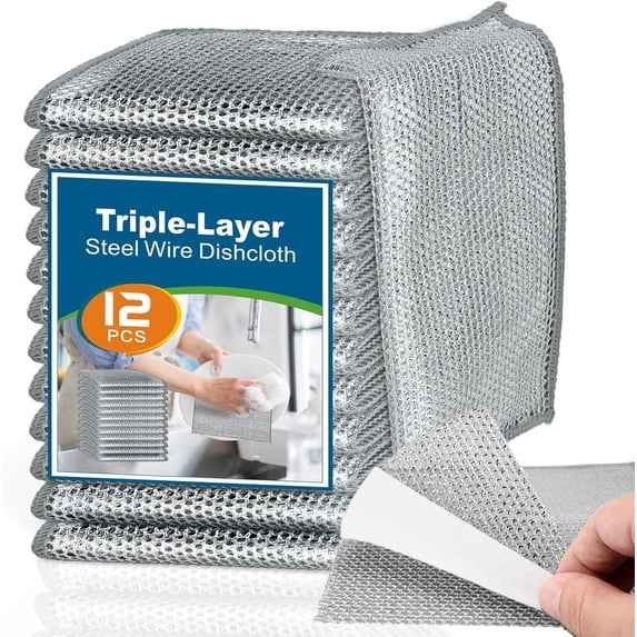 Steel Wire 12 Pack Triple-Layer Wire Dishcloths, non scratch dish rags for washing dishes, 7.87 in x 7.87 in