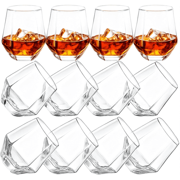 12 Pack Stemless Wine Glasses Set, 10oz Premium Crystal Clear Beverage Glassware with Geometric Base Design, Dishwasher Safe Whiskey Cocktail Drinking Glasses for Water Juice Beer Bar Home Party