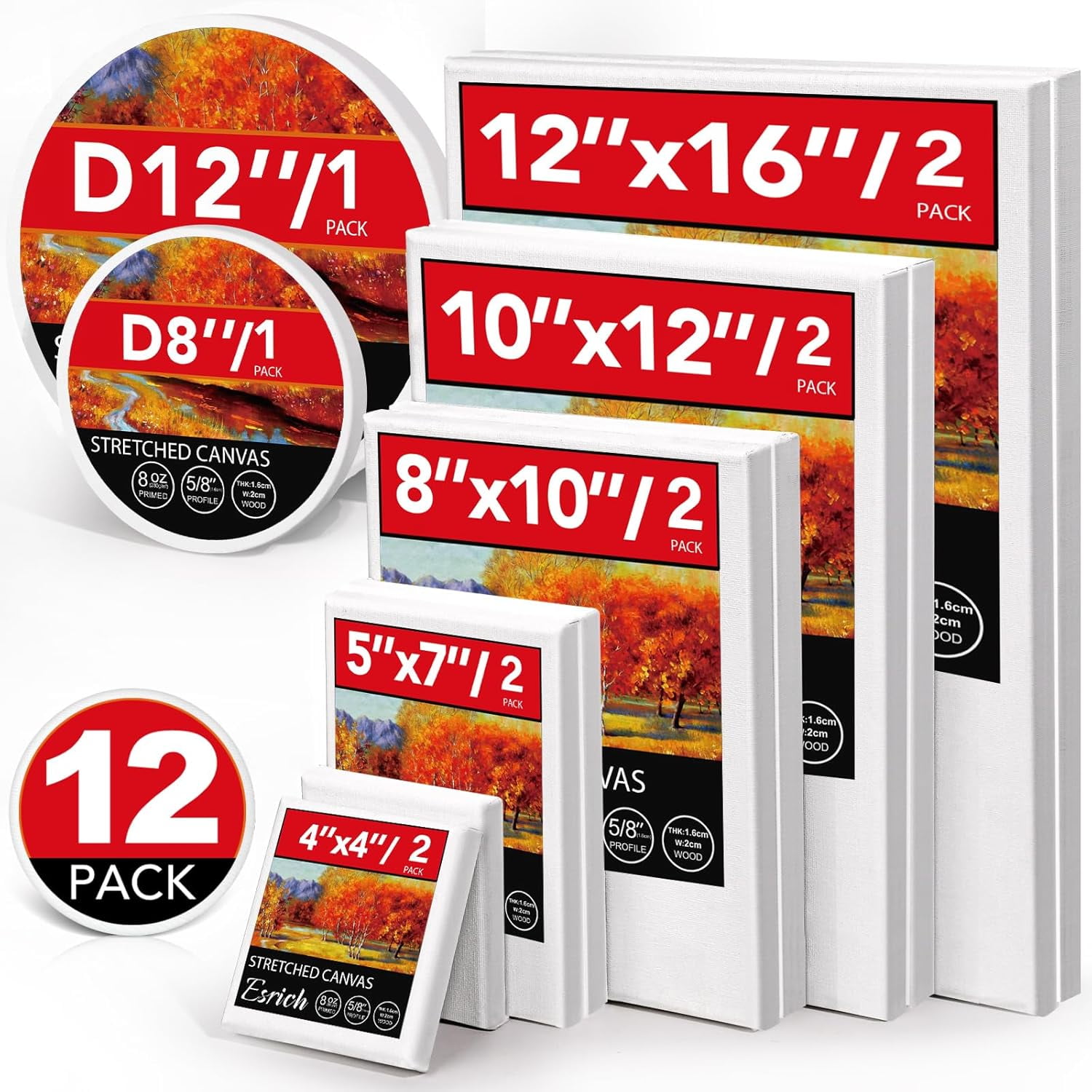12 Pack Stretched Canvas for Painting, 4x4, 5x7, 8x10, 10x12, 12x16(2 of Each), Round Canvas with 8x8, 12x12(1 of Each), Blank Canvases Primed Paint Canvas for Beginners, Artists