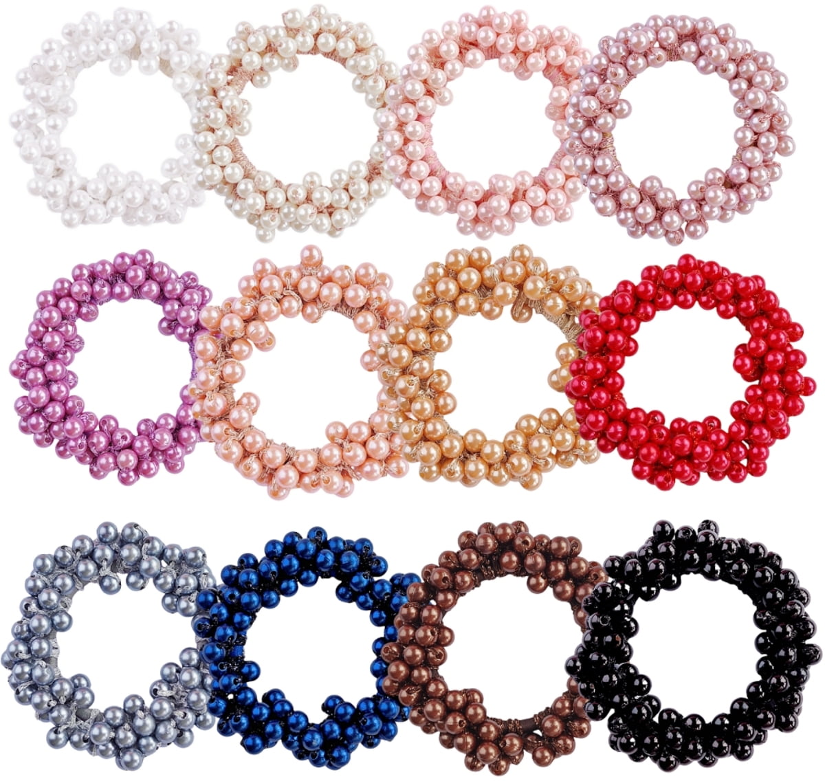 12 Pack Stretchy Bling Glitter Sparkly Pearl Hair Ties Scrunchies Beaded Hair Elastics Decorative Thin Thick Hair Ponytail Holders Bracelet Hair Ropes Bands Beautiful Accessories for Women Girl