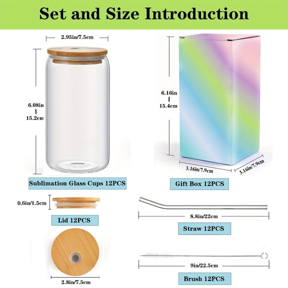 12 Pack Sublimation Glass Cups with Bamboo Lids and Glass Straws, 16 OZ Frosted & Clear Beer Can Glass Blanks for Heat Transfer Printing, Individually Boxed DIY Personalized Gift Set
