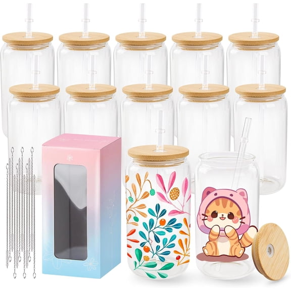 12 Pack Sublimation Glass Cups with and Straws 16oz, Clear Sublimation Glass Tumbler Blanks Can Shaped Mugs for Iced Coffee Smoothie Soda Boba